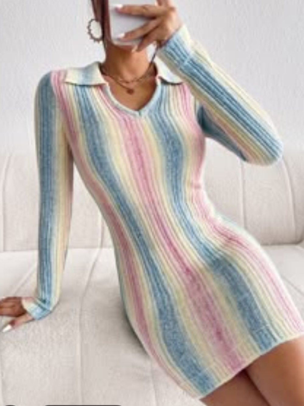 Knit Collared V-Neck Bodycon Dress in Pastel Stripe